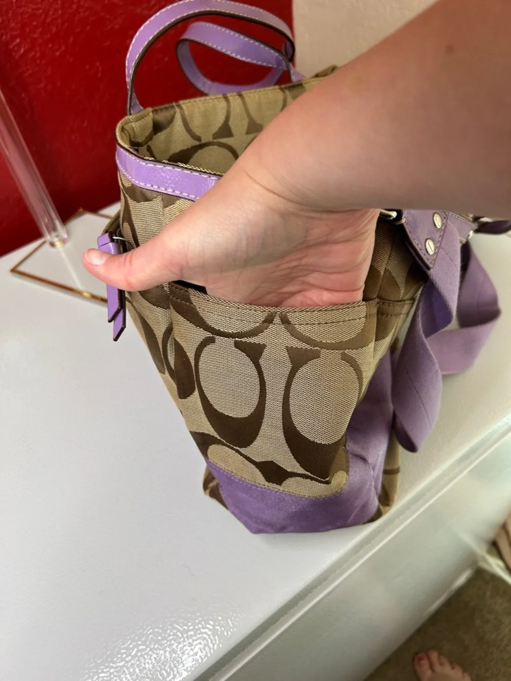 Coach Khaki Signature Tote diaper bag with Lavender Trim - Picture 16 of 16